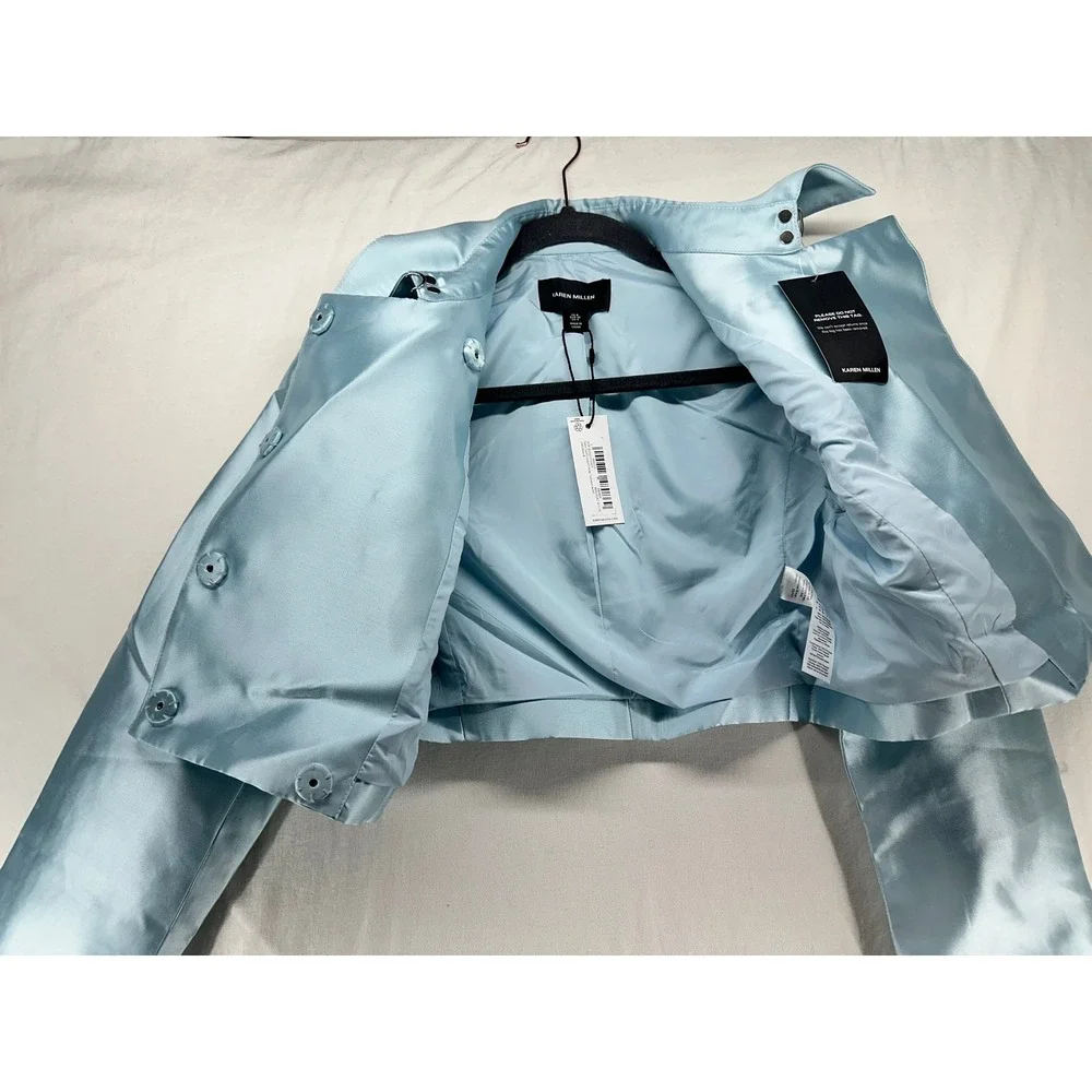 Karen Millen Satin Twill Cropped Wrap Jacket and Skirt Set Pale Blue US 4 NEW